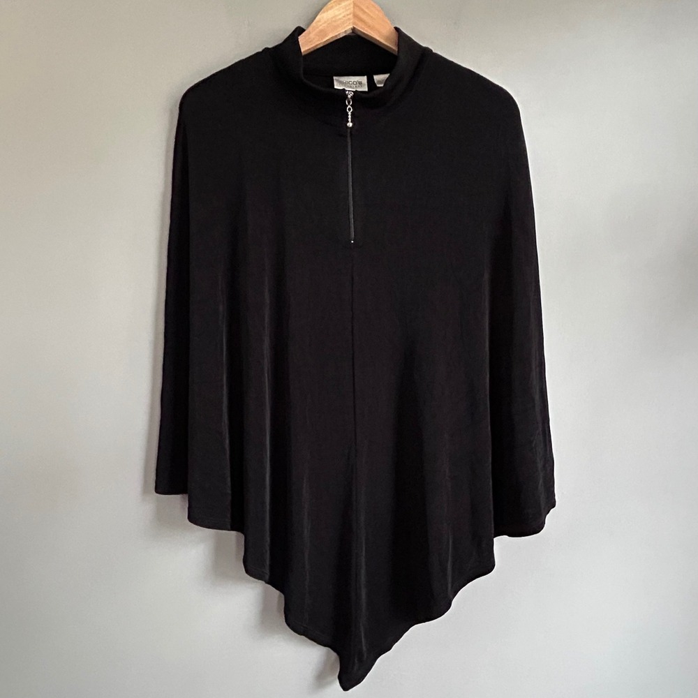 Chicos Travelers Black Mock Neck Quarter Zip Poncho Sharkbite Hem One Size